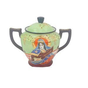 Vintage Satsuma Hand Painted Japanese Immortals Sugar Bowl with Handles and Lid